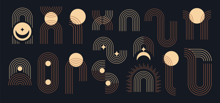 Line geometric arch and circle abstract shapes. Abstract minimal element mid century vector set. Aesthetic contemporary stripe line art, geometric shape, beige. For wall art, decoration, wallpaper.