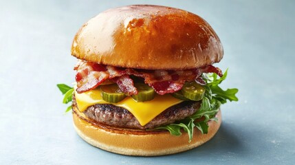 Poster - A classic burger with crispy bacon, fresh lettuce, and tangy pickles on a toasted bun