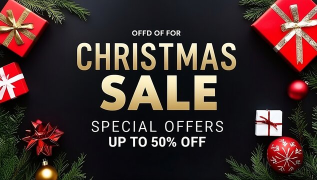 A Christmas sale banner, Special Offers and Up to 50% Off, Christmas Sale in gold lettering against a black background, advertisements, leaflets, flyers, posters, created with generative ai