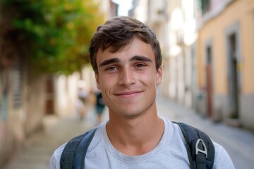 Poster - A person carrying a backpack walks down a busy urban sidewalk