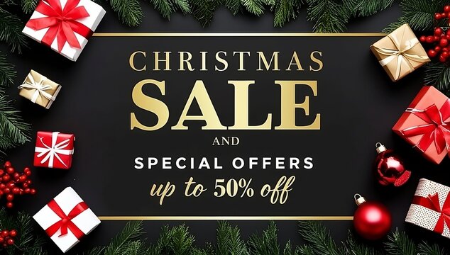 A Christmas sale banner, Special Offers and Up to 50% Off, Christmas Sale in gold lettering against a black background, advertisements, leaflets, flyers, posters, created with generative ai