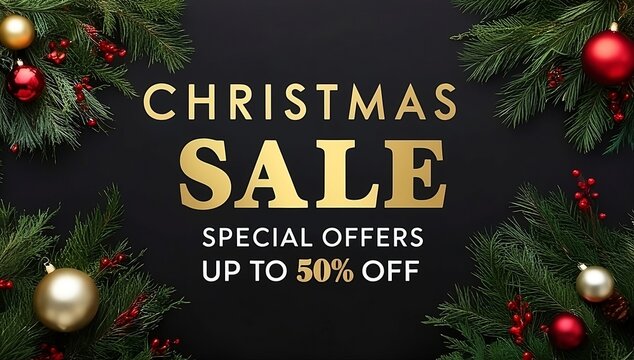 A Christmas sale banner, Special Offers and Up to 50% Off, Christmas Sale in gold lettering against a black background, advertisements, leaflets, flyers, posters, created with generative ai