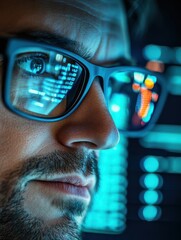 Poster - Crypto trader wearing eyeglasses working looking at computer screen reflecting in glasses analyzing online trading stock exchange market financial data charts. Close up eye in spectacles reflection.