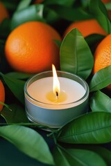 Poster - A lit candle surrounded by oranges and leaves on a rustic table