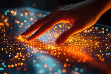 Poster - A close-up shot of someone's hand touching a glowing surface, great for representing innovation or futuristic themes