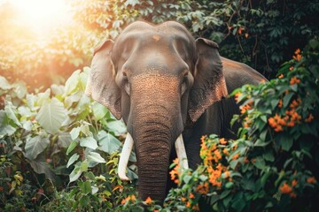 Aufkleber - A majestic elephant stands amidst a dense and vibrant green forest, surrounded by tall trees and foliage