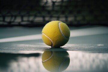 Poster - Yellow tennis ball on a tennis court, perfect for sports and fitness related projects