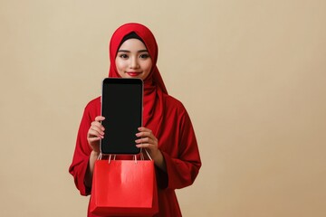 Poster - A woman wearing a red hijab holds a tablet, ready to work or learn
