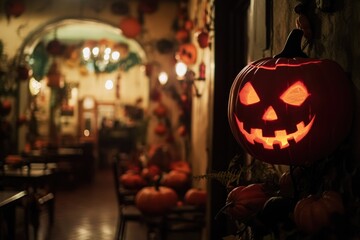 Poster - A spooky Halloween decoration with a pumpkin hanging from the side of a wall
