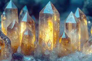 Poster - A collection of sparkling crystals perched atop a frozen ice pile, perfect for use in winter or science-related designs