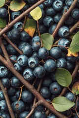 Poster - Fresh blueberries with leaves still attached, perfect for a garden or forest scene