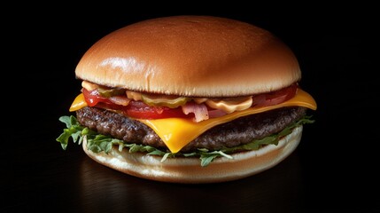 Poster - A delicious cheeseburger topped with fresh lettuce, juicy tomato, and melted cheese