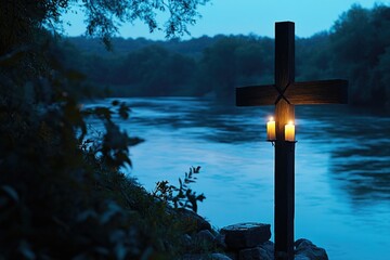 Poster - A candle sits on the ground next to a body of water, casting a warm glow