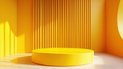 Wall Mural - Empty room interior design or yellow pedestal display on a vivid background with a blank stand, 3D rendering