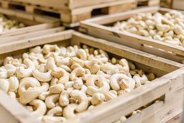 Poster - A pile of cashews stored in wooden containers
