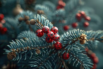 Poster - A close-up shot of a pine tree branch covered in bright red berries, ideal for use in nature or winter themed designs