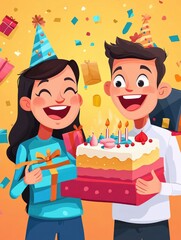 Sticker - Laughing and smiling people with gifts and cake. Happy birthday vector concept. People on birthday with gift and cake celebration illustration