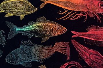 Poster - School of colorful fish swimming against dark backdrop
