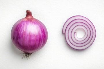 Poster - Purple onions sliced and whole on a white background, useful for food and cooking illustrations