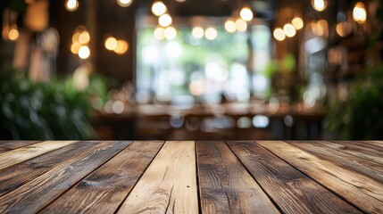 Wall Mural - Empty wooden table space platform with blurry defocused restaurant interior, vintage tone