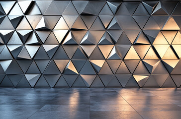 Poster - A wall of textured, three-dimensional metallic triangles, varying in shades of gray and gold, reflects light onto a polished floor