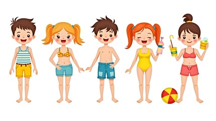 Vector summer set with children in swimming suits with beach objects. Cute happy kids collection. Fun sea holidays illustration.