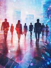 Poster - virtual social network concept with group of business people on abstract digital bright technology b