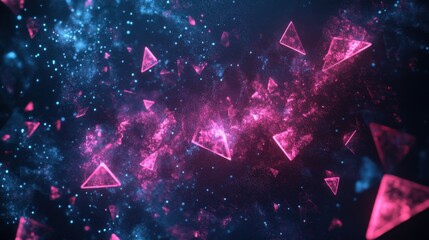 A colorful, abstract space scene with pink and blue shapes