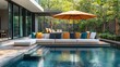 © EEKONG - Elegant and Modern Sofa Set by a Tranquil Poolside, Perfect for Outdoor Relaxation and Stylish Gatherings in a Serene Garden Environment