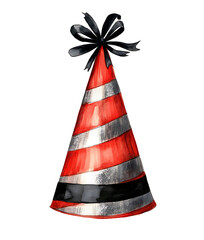 Wall Mural - Bright red birthday hat with silver stripes and black bow on top, perfect for celebrations and festive occasions. This vibrant accessory adds joy and excitement to any party!