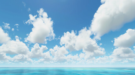  Tranquil blue sky with fluffy white clouds over the calm ocean.