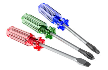 Poster - Colored flat head, square and torx screwdrivers. 3D rendering isolated on transparent background