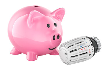 Poster - piggy bank with radiator thermostatic valve. energy saving concept. 3d rendering isolated on transpa