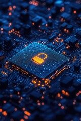 Poster - Cybersecurity and data protection: glowing padlock icon on computer motherboard symbolizing secure system