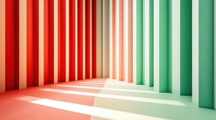 Poster - Minimalist interior with red and green stripes and sunlight streaming through windows creating geometric patterns