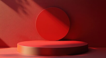 Poster - Minimalist red background featuring a simple circular shape with shadow effects in a modern abstract setting