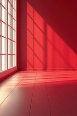 Poster - Vivid red corridor with dramatic lighting and modern architectural elements creating a sense of intrigue and depth