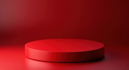 Poster - Minimalist red geometric backdrop featuring circular podium with soft shadows
