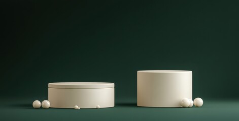 Poster - Minimalist composition with two beige podiums and spheres on a dark green background, highlighting simplicity and elegance
