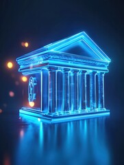 Poster - Glowing blue digital bank icon on blue backdrop with mock up place. Online banking and transaction concept. 3D Rendering