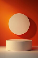 Poster - White empty podium with geometric shadows on a vibrant orange wall background showcasing minimalistic modern design