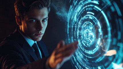 Poster - Image of young businessman touching icon of media screen