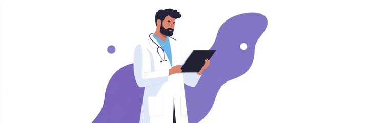 Leinwandbilder - A focused doctor in a white coat examines patient information on a tablet while standing in a contemporary clinic setting. Generative AI