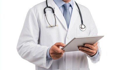 Leinwandbilder - A doctor dressed in a white coat is attentively reviewing patient notes on a tablet in a clinical environment during working hours. Generative AI