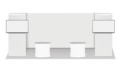 Wall Mural - Trade show booth display kit mock-up. Expo tradeshow set template. Backdrop banner stand with LCD monitors, exhibition tables. Realistic 3d vector mockup