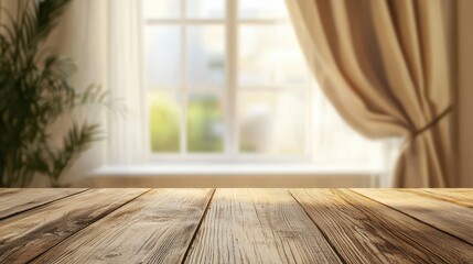 Wall Mural - Background. Wooden table on defocused window with curtain