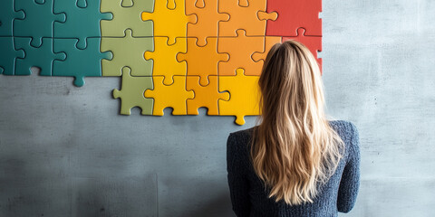 Poster - businesswoman with long blonde hair stands thoughtfully in front of large, colorful puzzle on wall, contemplating solutions and strategies. puzzle pieces are arranged in gradient from green to red,