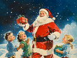 © Raanan - a vintage illustrated scene of santa claus holding a gift while surrounded by smiling children in a snowy nighttime setting