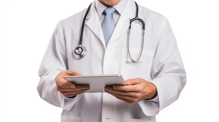 Aufkleber - A doctor dressed in a white coat is holding a tablet while standing in a clinical environment, ready to assist patients. Generative AI