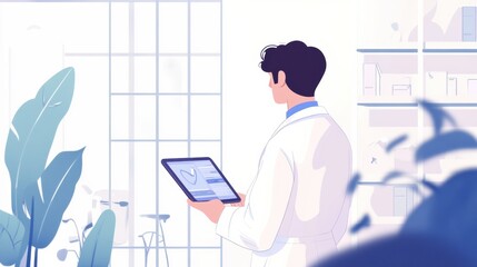 Aufkleber - A doctor wearing a white coat stands in a bright clinic, checking patient details on a tablet among green plants. Generative AI
